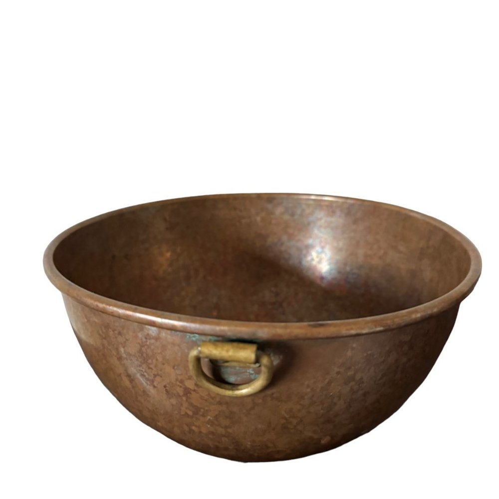 Vintage Copper Mixing Bowl Ring Handle European Style Age Patina Rolled Edge